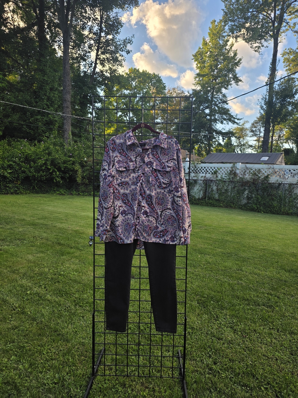 Notations Purple Paisley Blouse with Black Stretch Skinny Pants